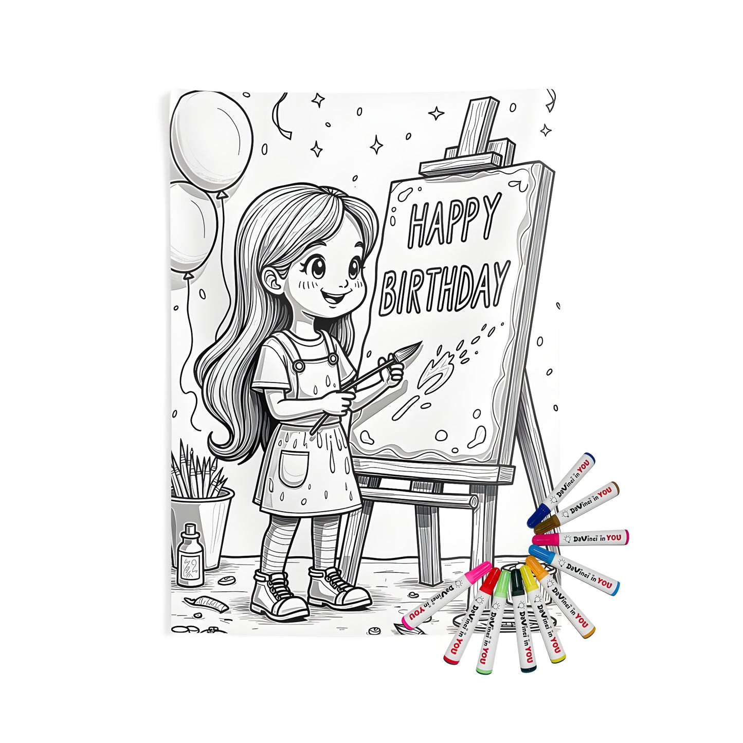 Birthday painting, girl paints happy birthday sign, indoor wall tapestries