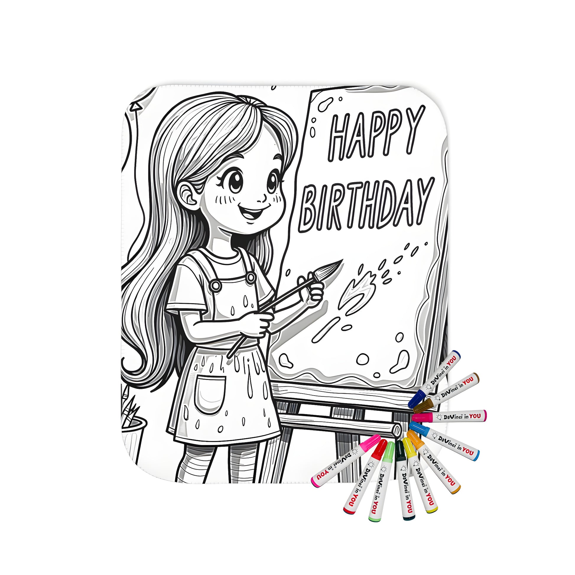 Blanket with birthday girl painting design, featuring colorful artwork