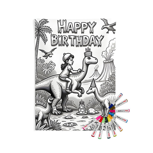 Birthday Party Dinosaur Coloring Kit wall tapestries with fabric markers and jungle landscape