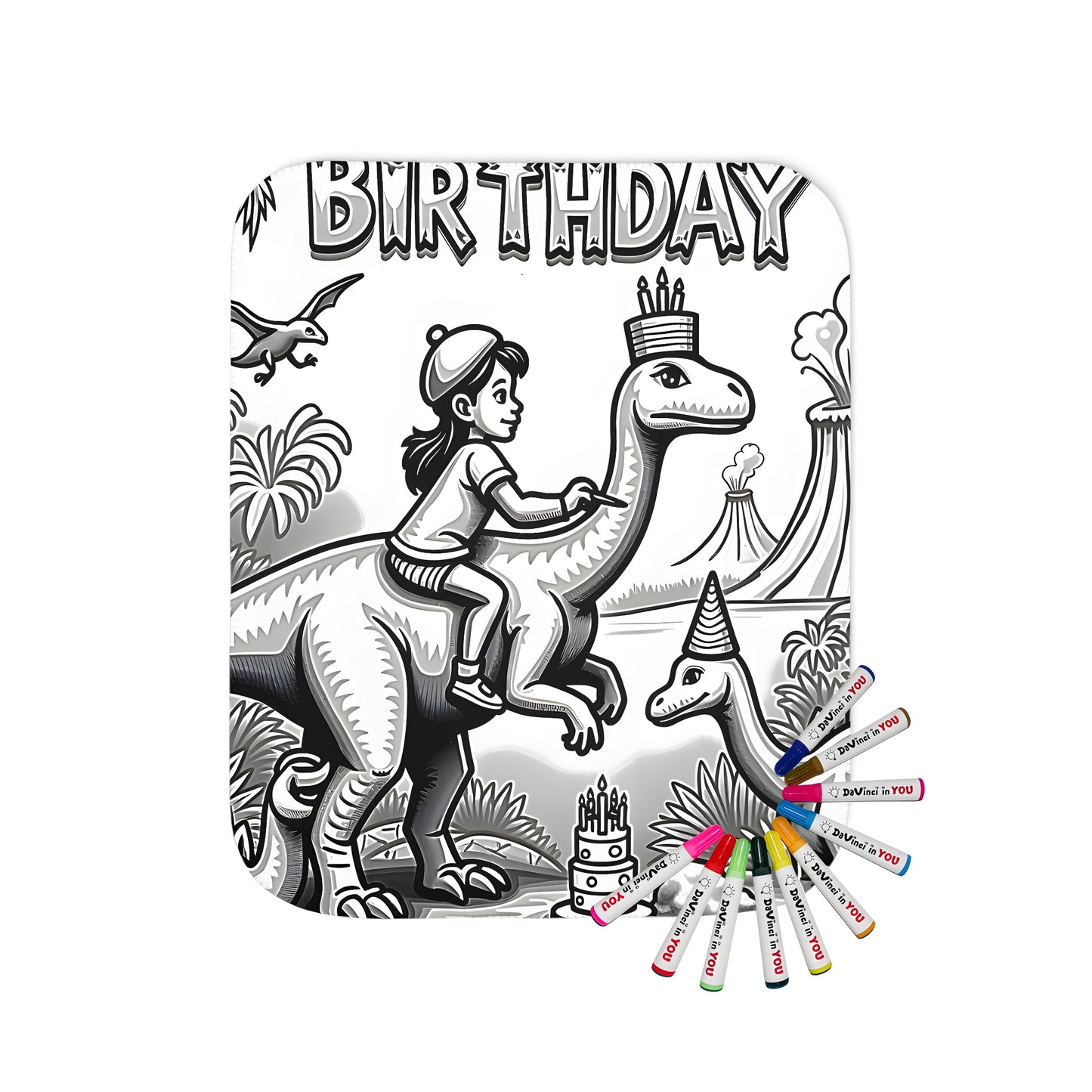 Birthday Party Coloring Kit Blanket featuring dinosaurs and volcano jungle scene with happy birthday message