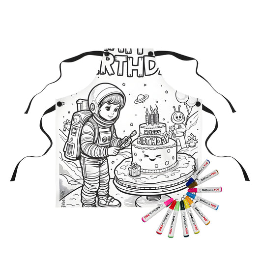 Space themed apron with astronaut birthday design, perfect for kids who love astronomy and birthdays