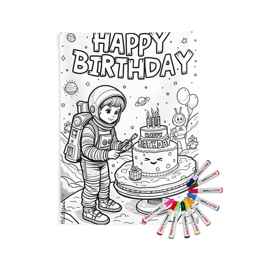 Indoor wall tapestries coloring kit for adults featuring astronaut birthday celebration artwork