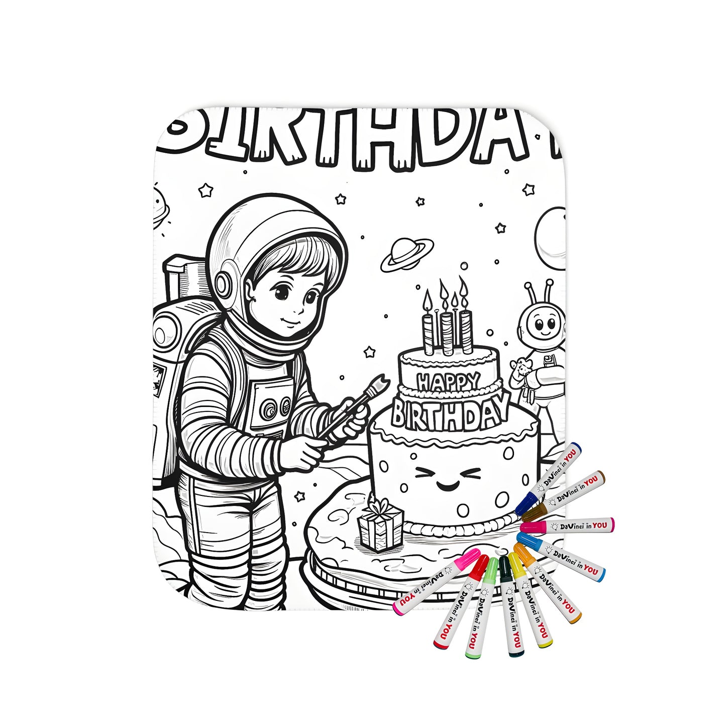 Blanket with astronaut child celebrating birthday with cake, balloons and gifts on a galaxy background