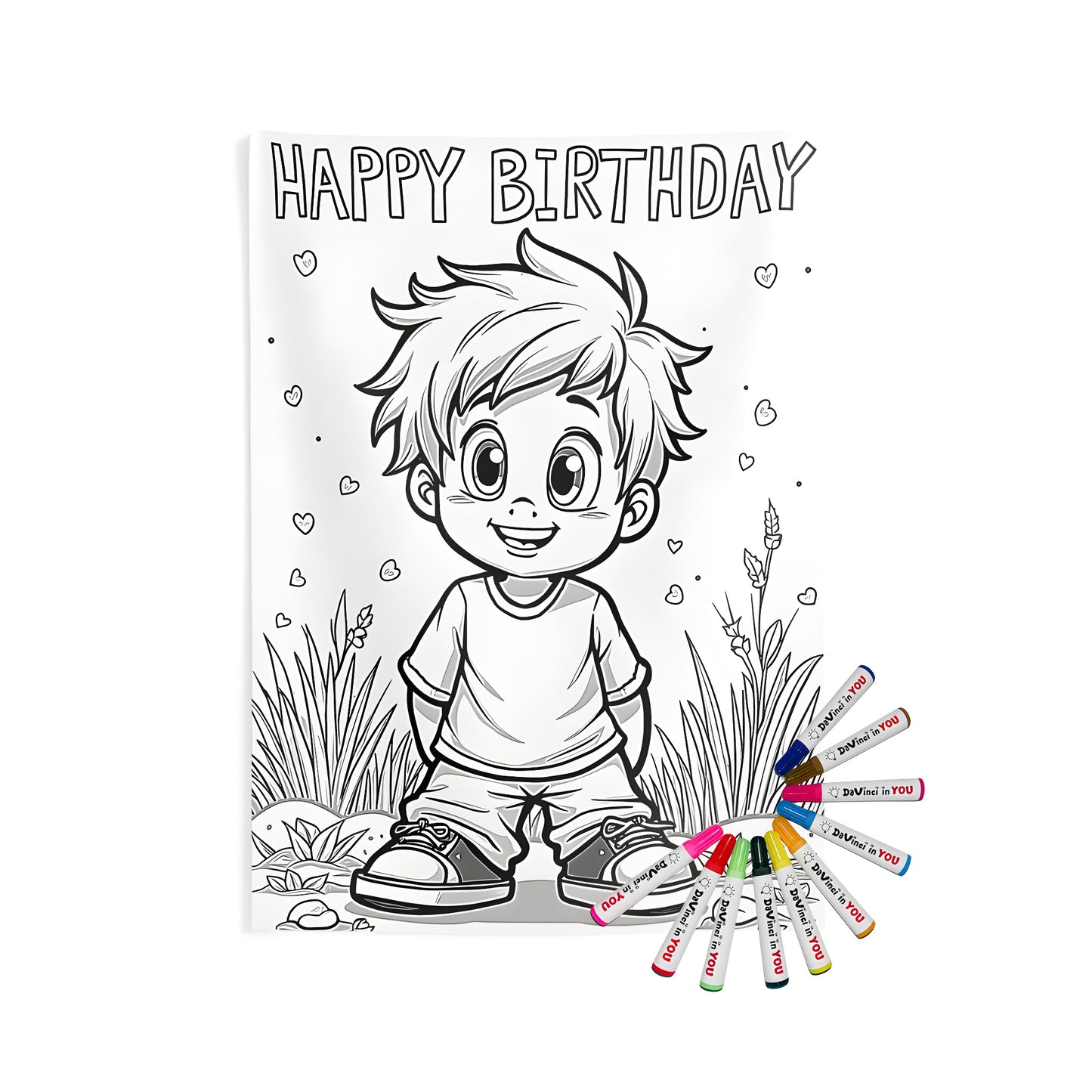 Coloring kit for kids, indoor wall tapestries with birthday boy design, boy's happy birthday illustration, nature background with flowers and hearts