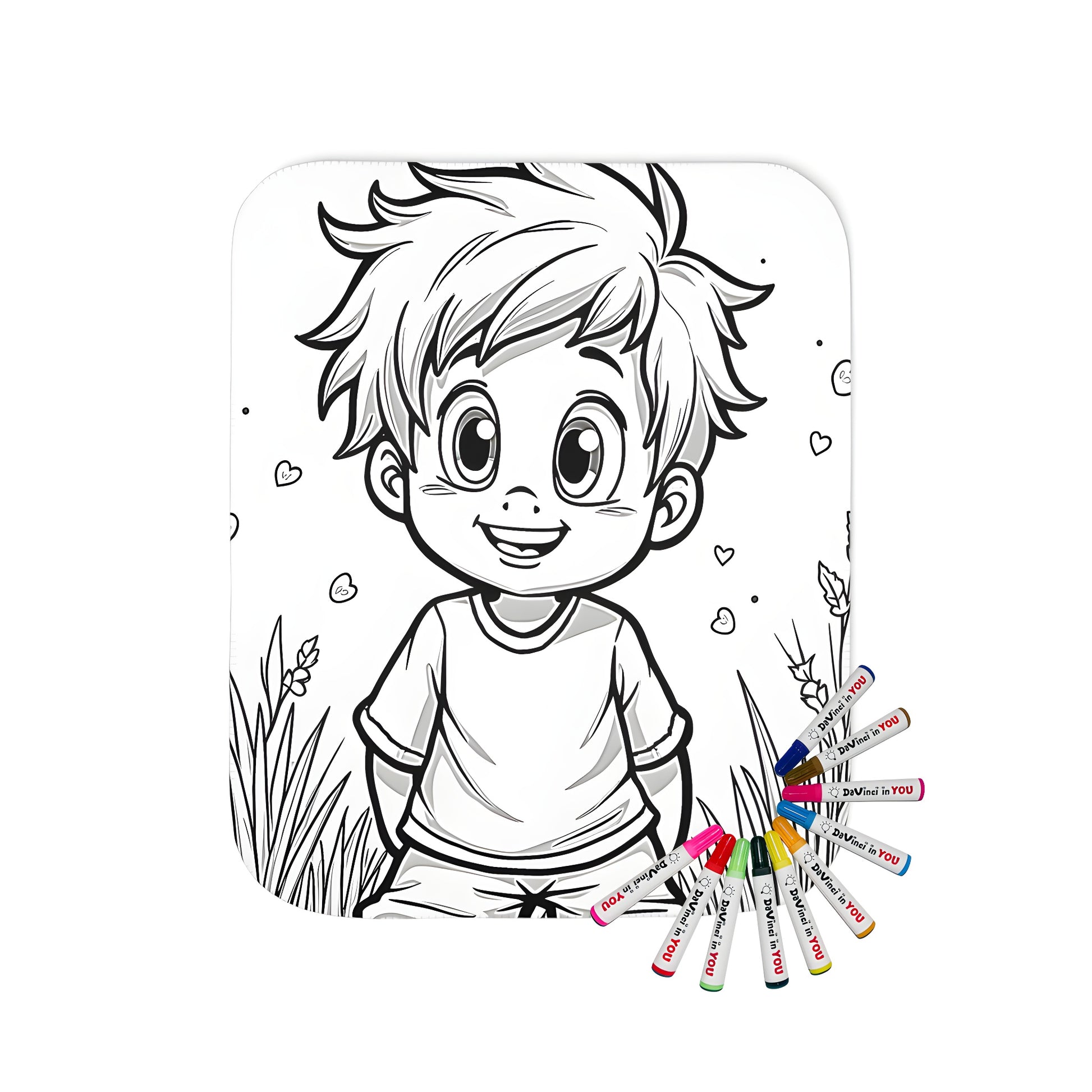 Coloring page blanket with birthday boy design featuring smiling kid and 'Happy Birthday' text