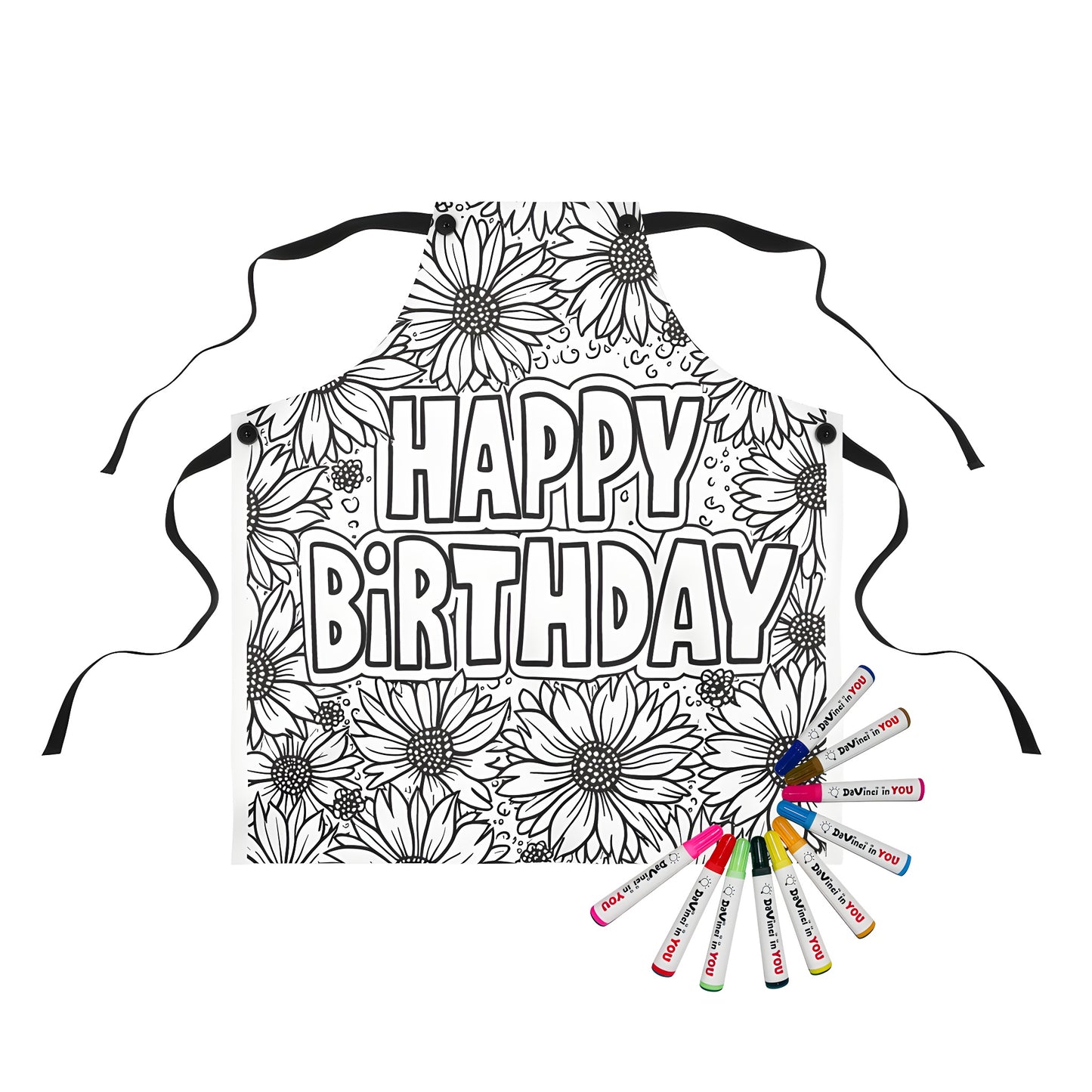 Birthday greeting apron with floral design and 'HAPPY BIRTHDAY' text