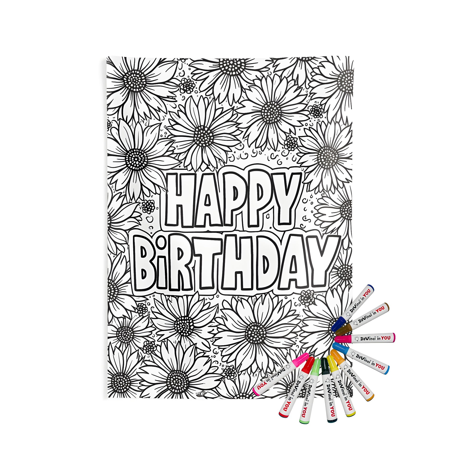 Indoor wall tapestry featuring a black and white birthday greeting card design with large daisies and 'HAPPY BIRTHDAY' text, complete with fabric markers for a creative coloring experience