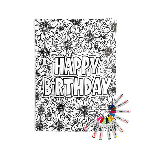 Indoor wall tapestry featuring a black and white birthday greeting card design with large daisies and 'HAPPY BIRTHDAY' text, complete with fabric markers for a creative coloring experience