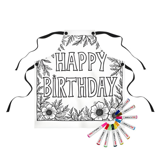 Birthday party aprons for kids or adults with happy birthday coloring kits, 10 fabric markers included