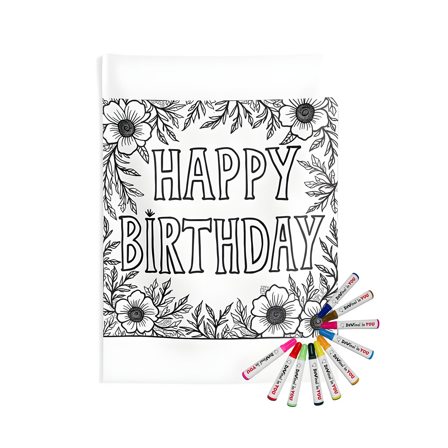 Birthday wall tapestry with Happy Birthday greeting in bold letters surrounded by floral and leaf patterns