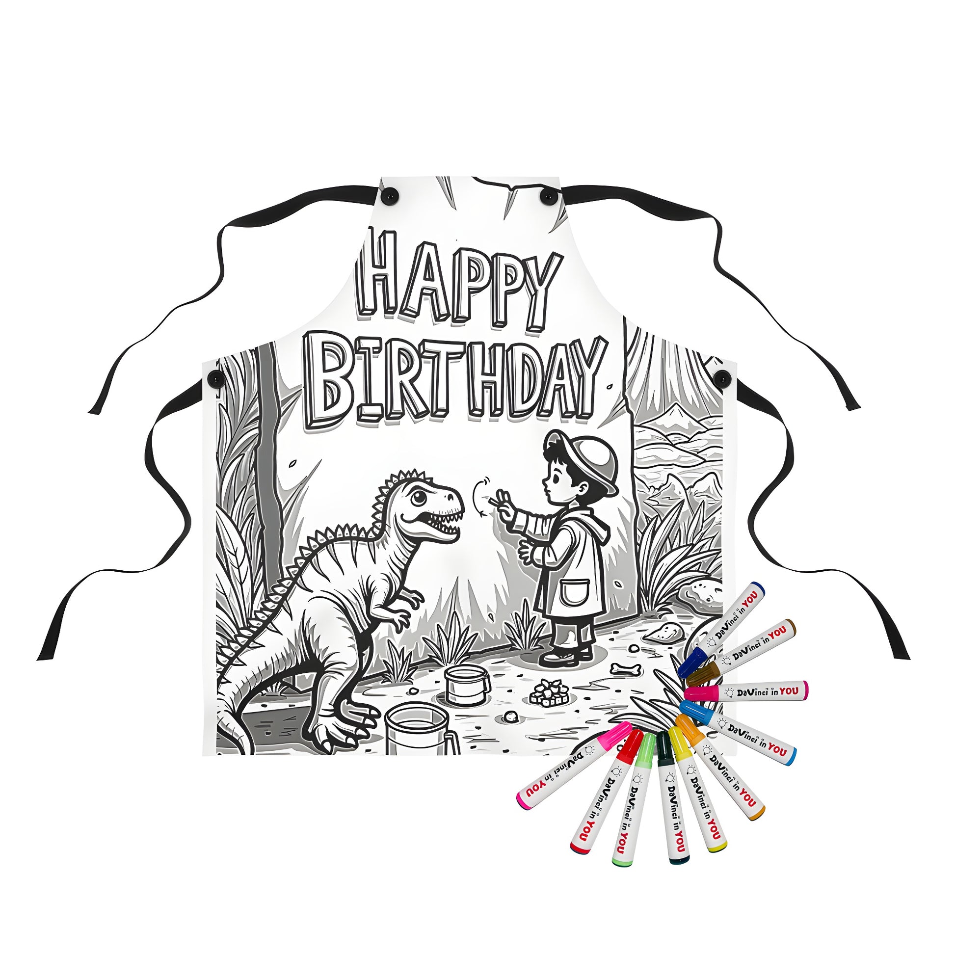 Coloring page apron featuring a dinosaur themed birthday boy and girl