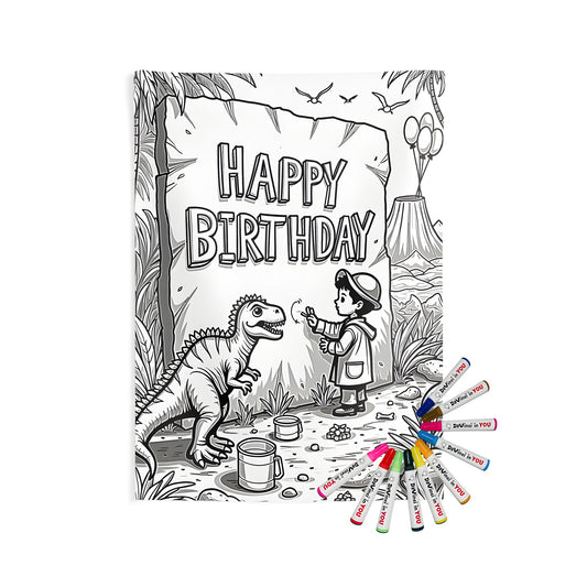 Coloring kits for kids birthday party featuring an indoor wall tapestry with a boy and dinosaur in a jungle setting