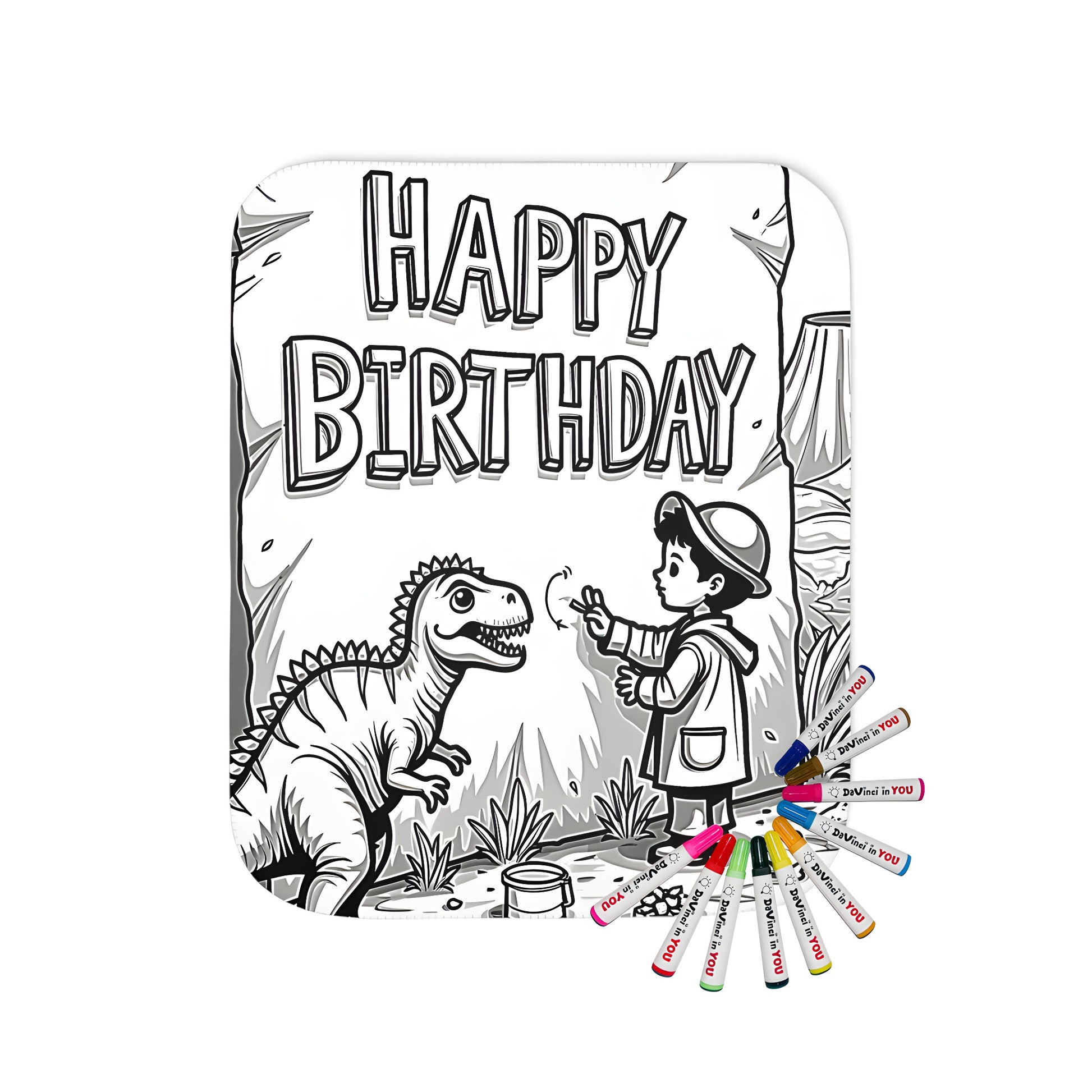 Colorful blanket featuring a boy and dinosaur in a jungle setting, perfect for dinosaur themed birthday parties or dinosaur lovers