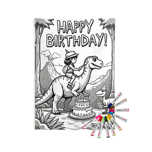 Indoor wall tapestry featuring a vibrant coloring page design of a birthday celebration with dinosaurs and jungle animals