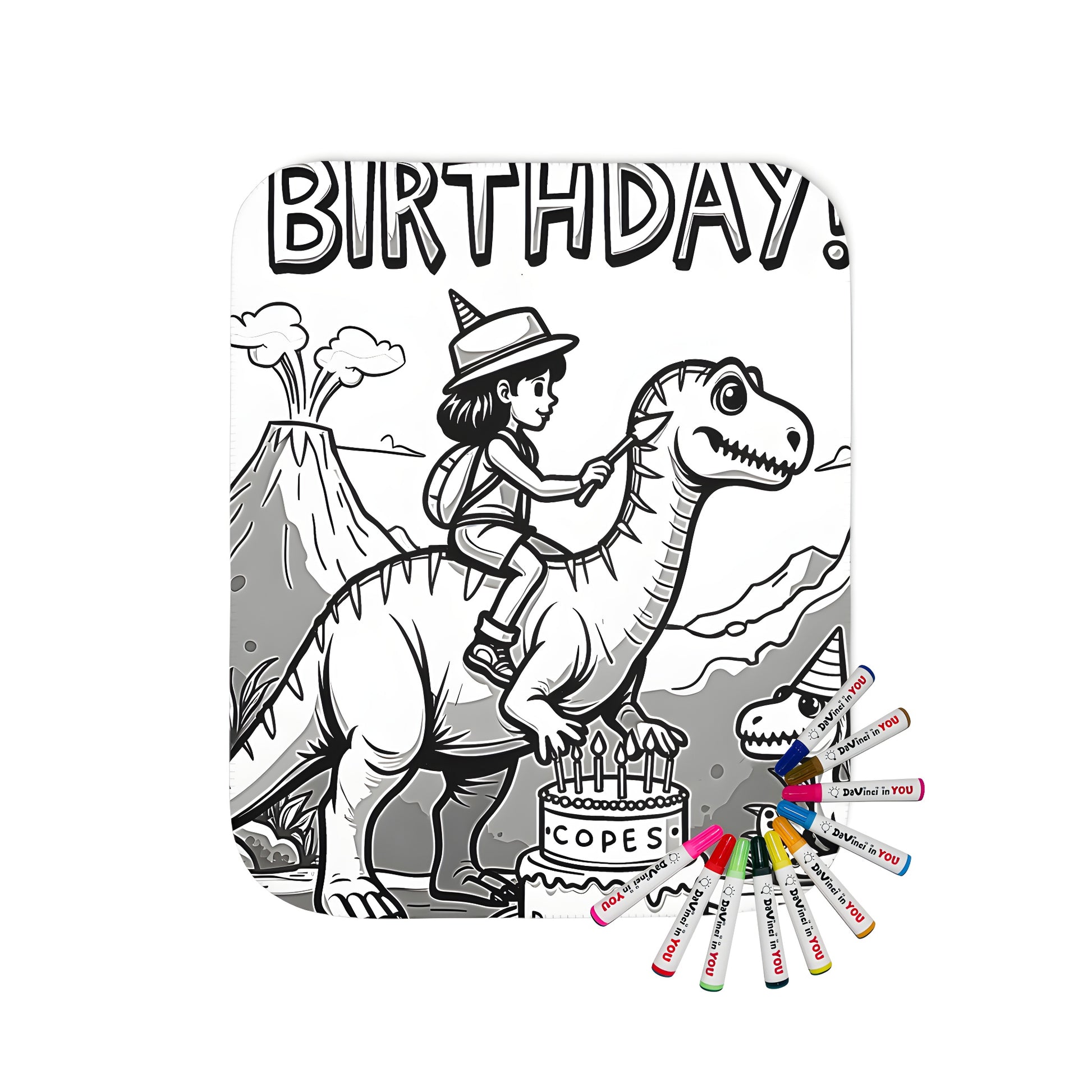 Cozy blanket with vibrant coloring page design of dinosaurs celebrating birthdays in a jungle setting