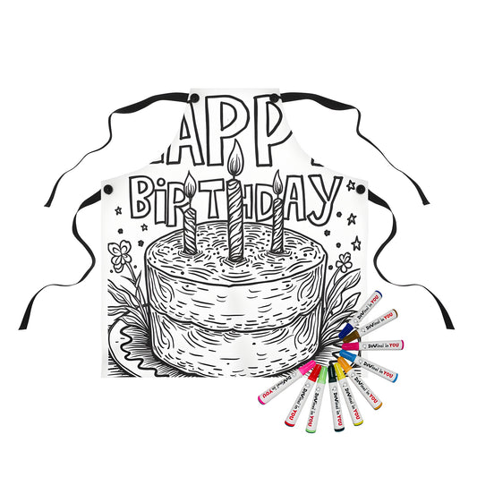 Birthday party apron with colorful birthday cake design featuring candles, happy birthday text, stars, and flowers