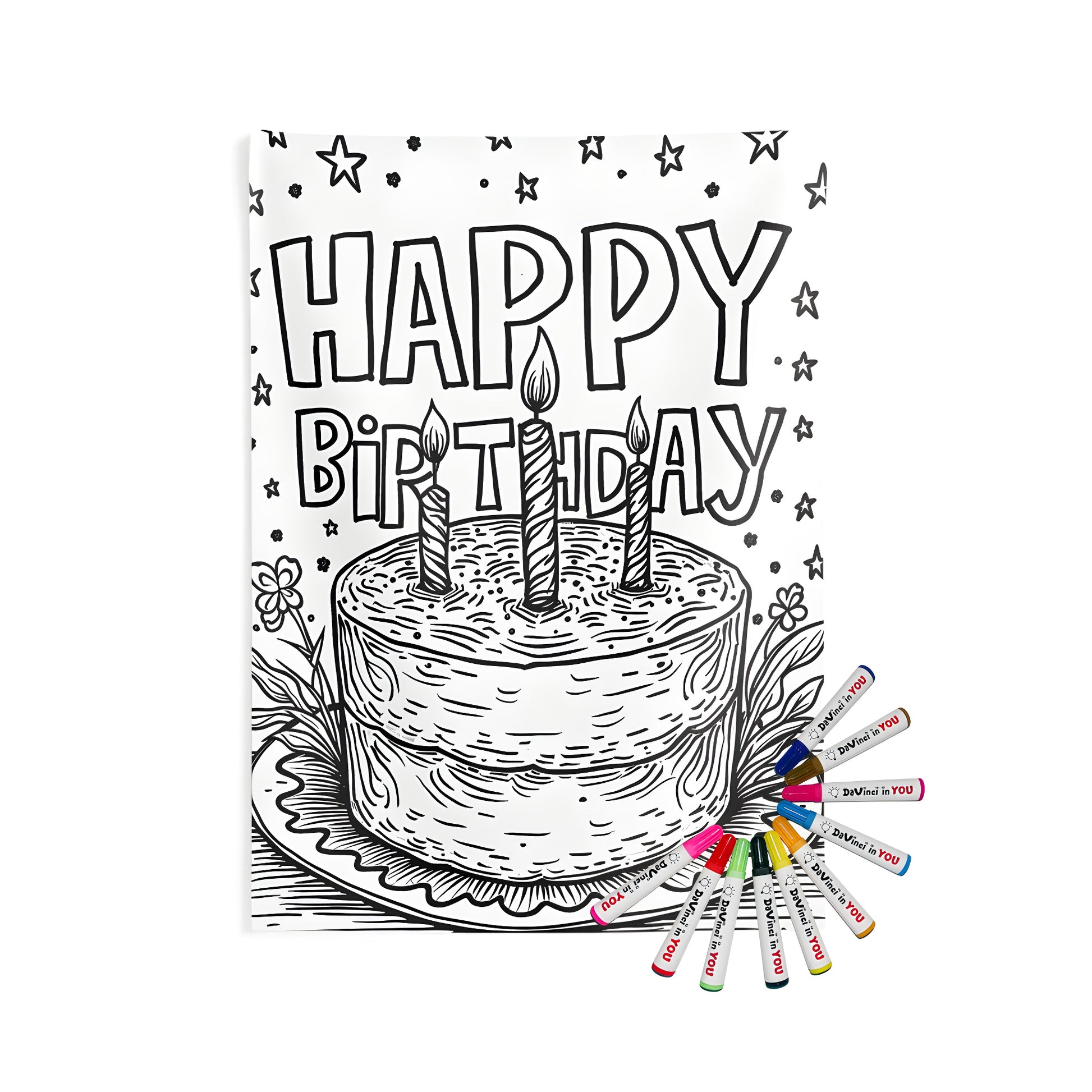 Birthday Cake themed Indoor Wall Tapestry for decoration, coloring page art with candles and 'Happy Birthday' text