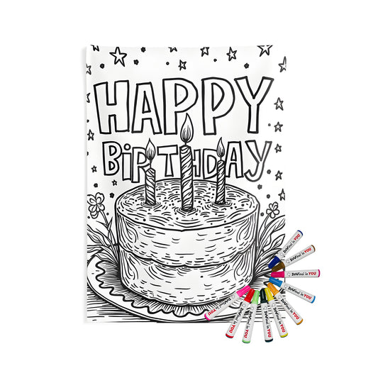 Birthday Cake themed Indoor Wall Tapestry for decoration, coloring page art with candles and 'Happy Birthday' text