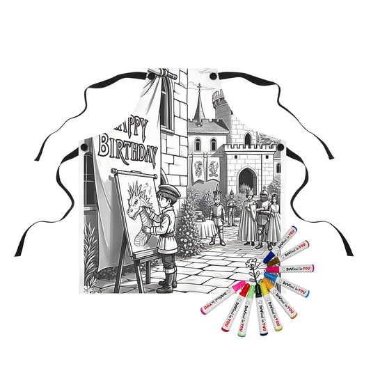 Colorful apron featuring a medieval castle scene with knights, birthday banners, and a child painting a dragon