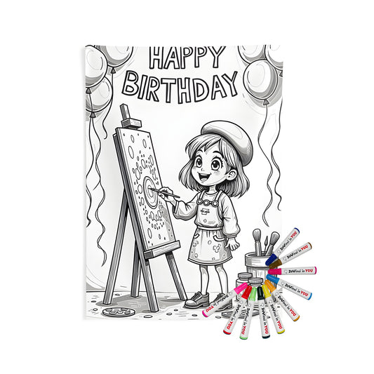 Coloring kit for kids with indoor wall tapestries and art supplies, featuring a young girl painting at an easel during a birthday party with balloons