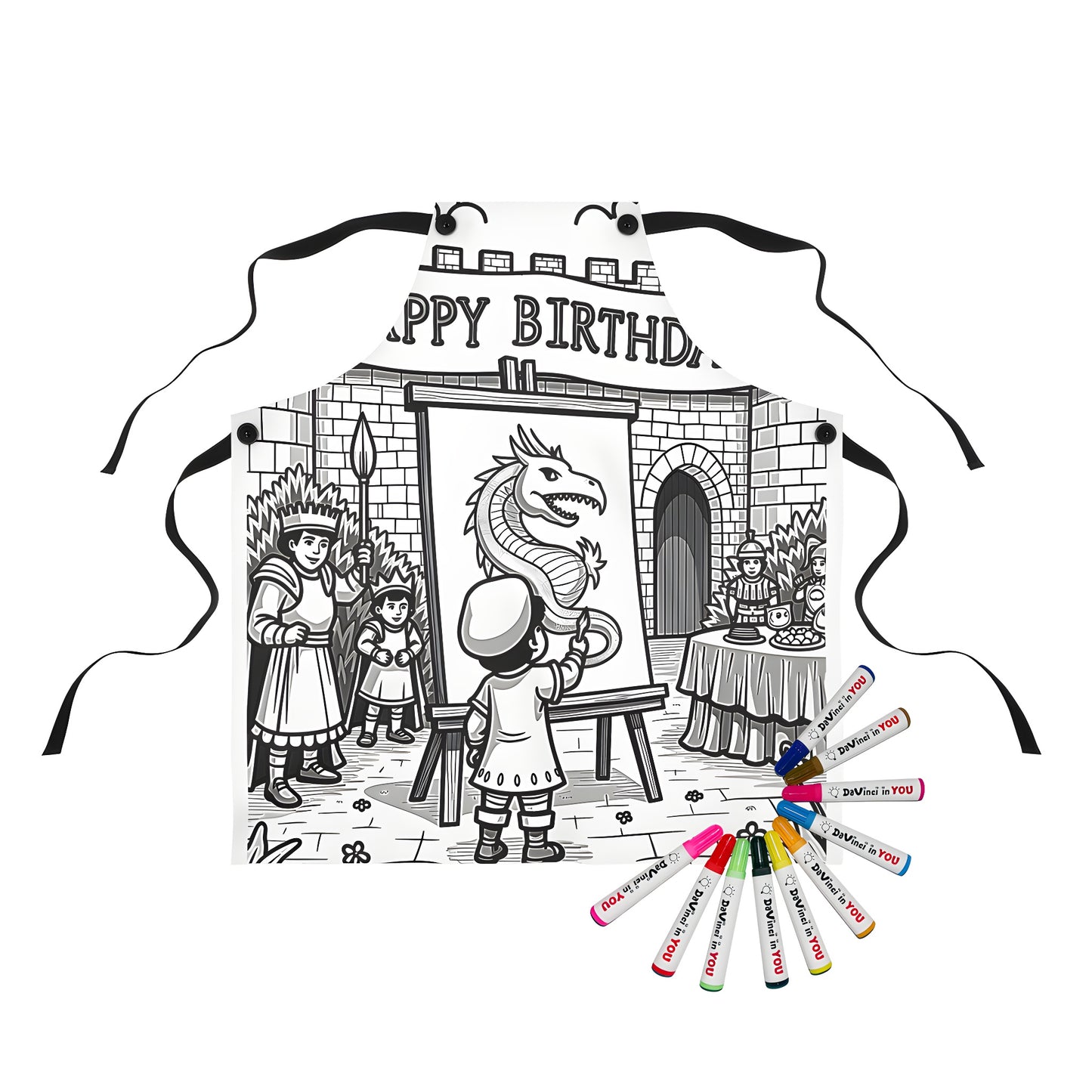 Colorful medieval birthday party apron with fabric markers