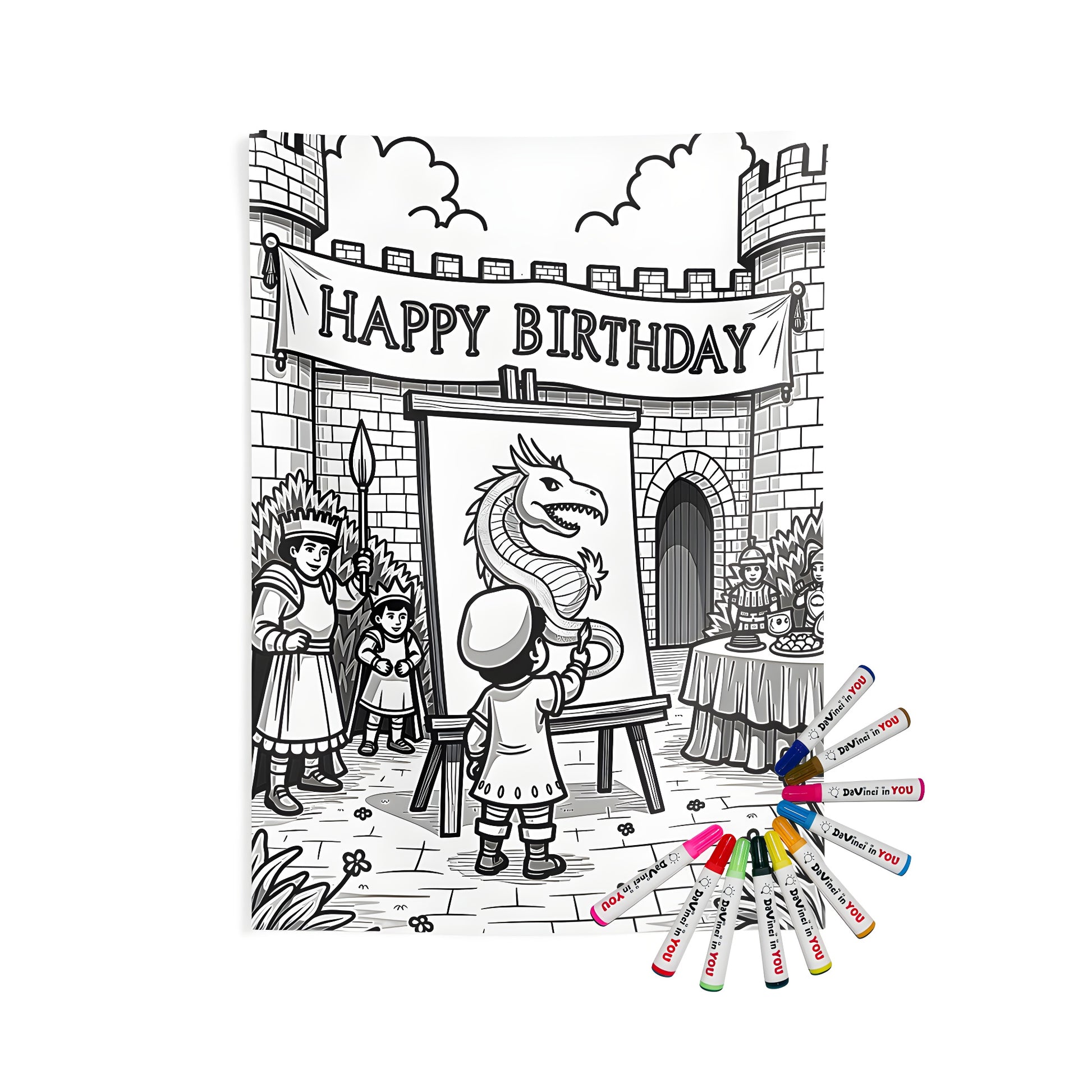 Medieval birthday party themed indoor wall tapestry, 10 vibrant fabric markers included for a coloring kit