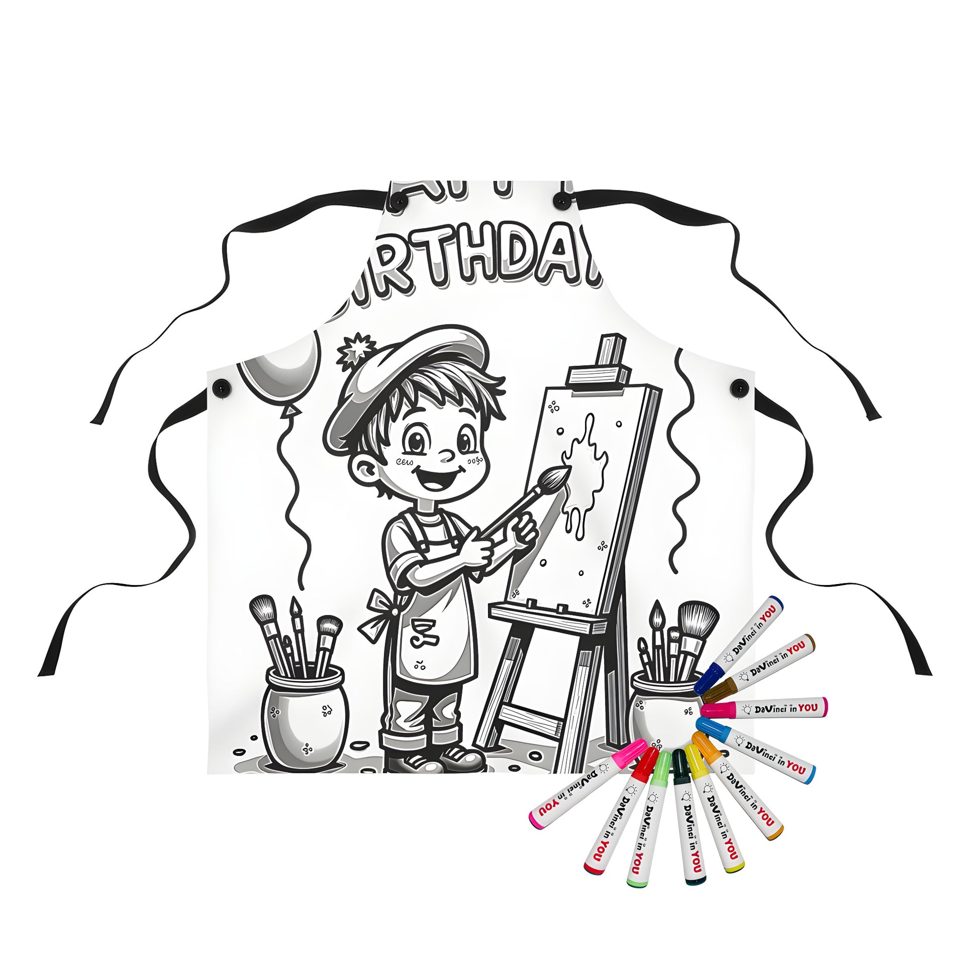 Apron with colorful birthday party painter design, featuring child artist with paintbrush and easel