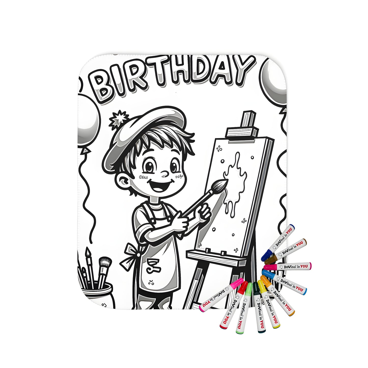 Coloring blanket for kids with birthday party painter theme