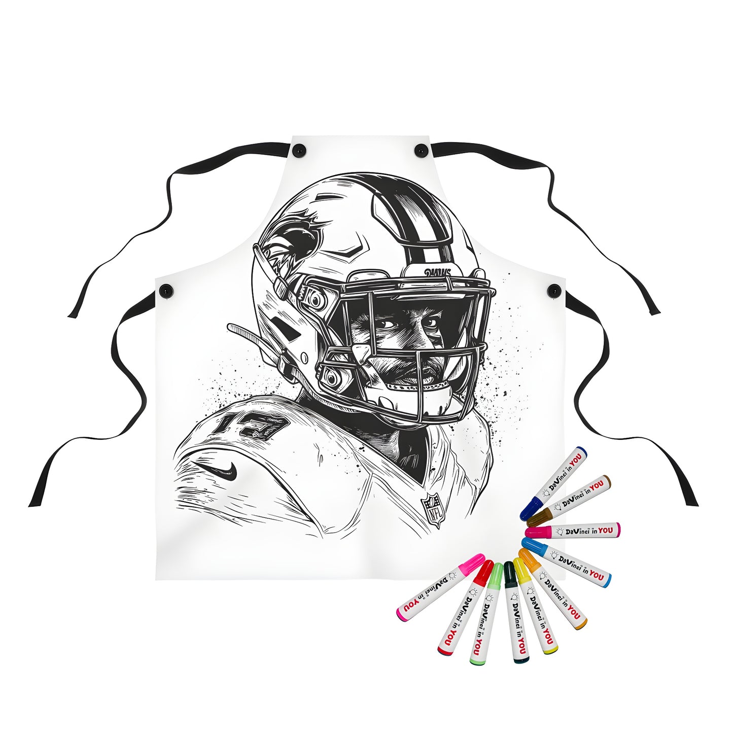 Coloring kit apron with detailed black-and-white illustration of football player wearing helmet, football theme