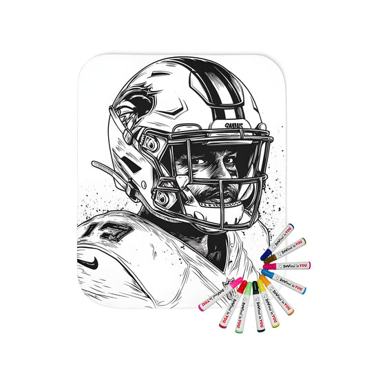 Blanket featuring a detailed black-and-white illustration of an American football player design, perfect for sports fans