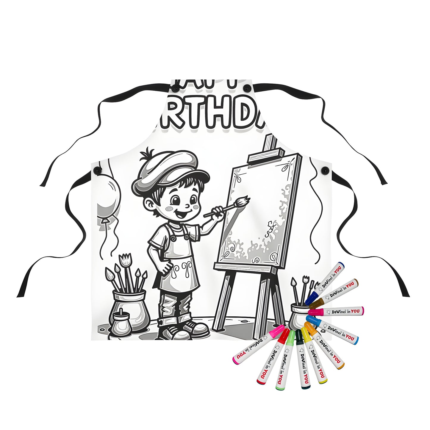 Apron with colorful painting birthday party design, featuring a boy happily painting on an easel surrounded by balloons and art supplies