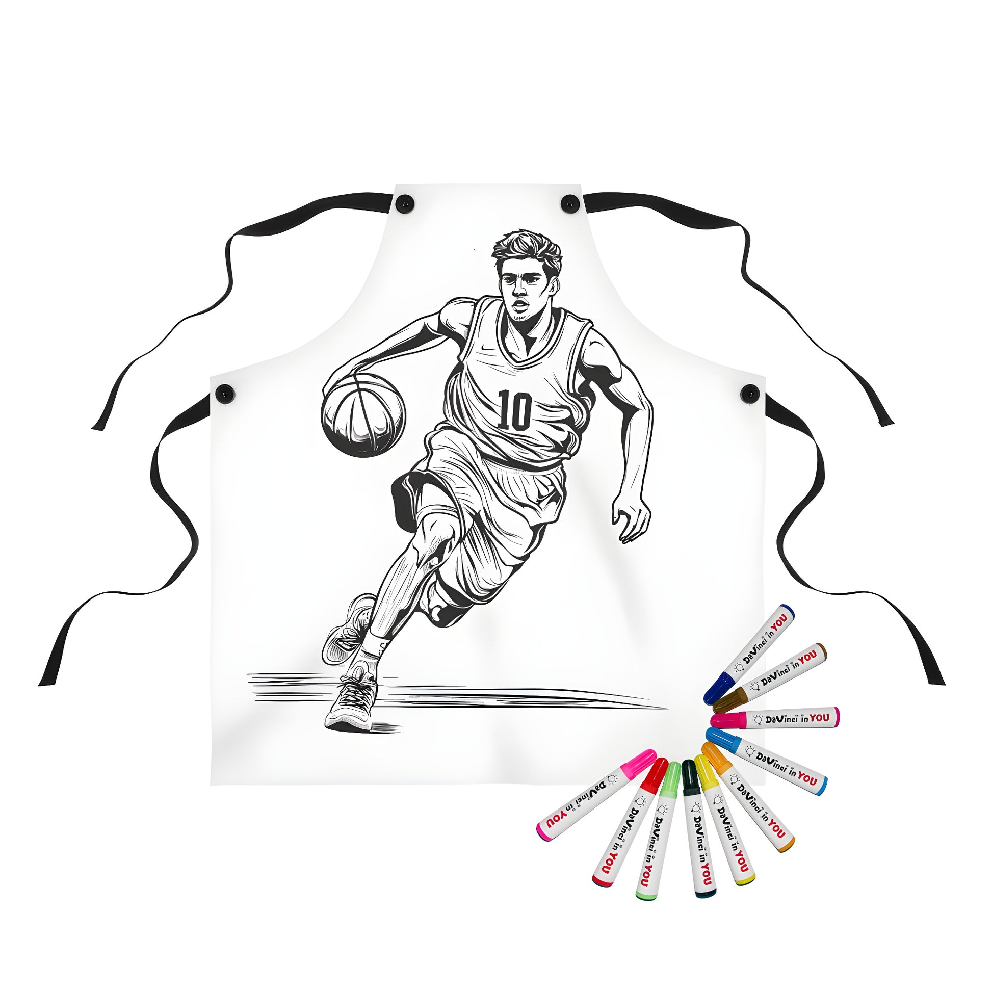 Colorful apron featuring a fun black and white illustration of a basketball player wearing a jersey, dribbling a ball while running, with 10 vibrant fabric markers included