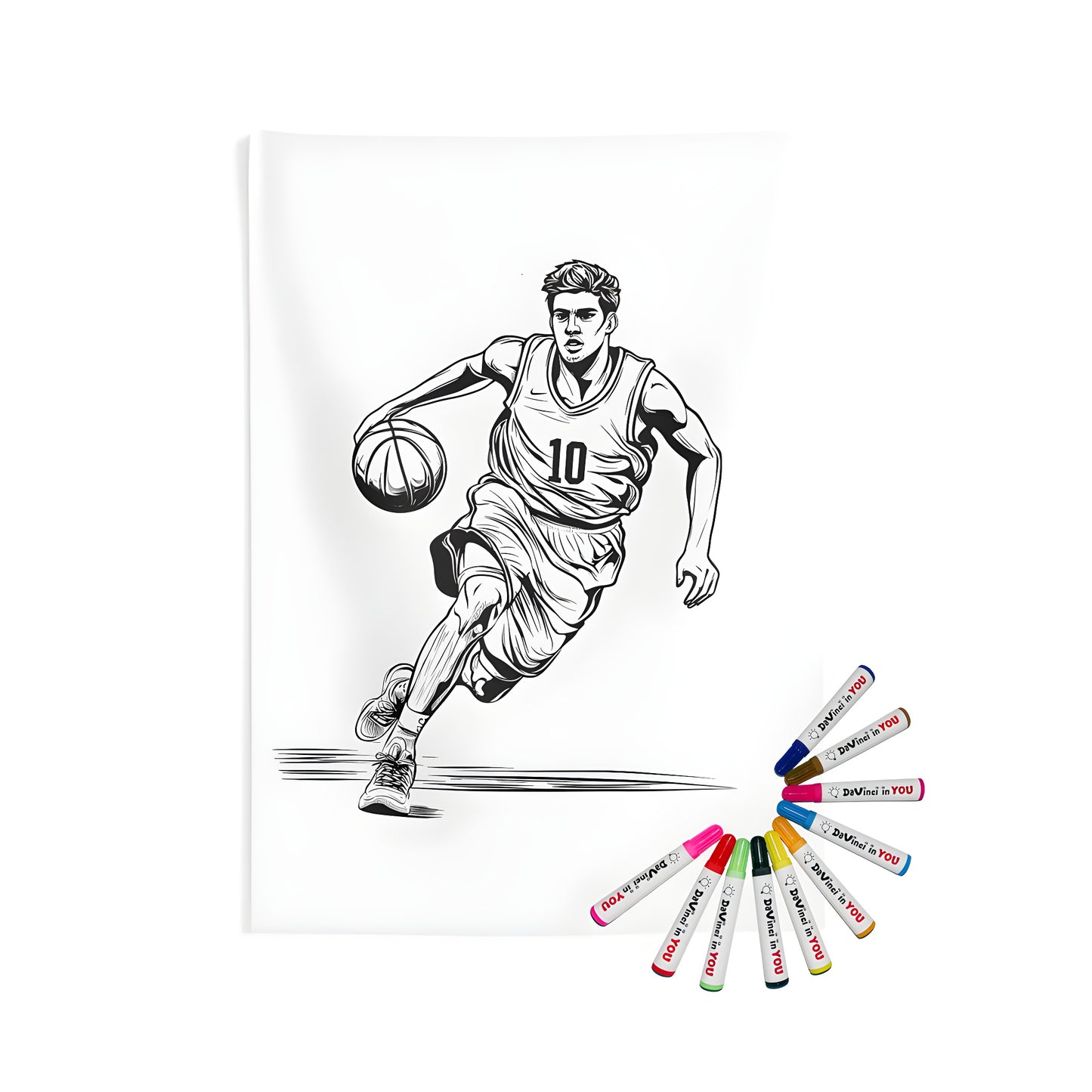 Indoor wall tapestries and basketball illustrations with jersey number 10. Black and white coloring page of a person dribbling the ball while running. Wall hanging fabric art for indoor decor, great for bedrooms, living rooms, or offices.