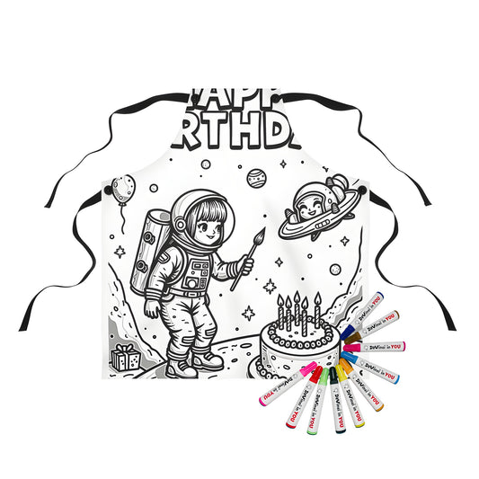 Astronaut birthday celebration themed coloring page apron with fabric markers