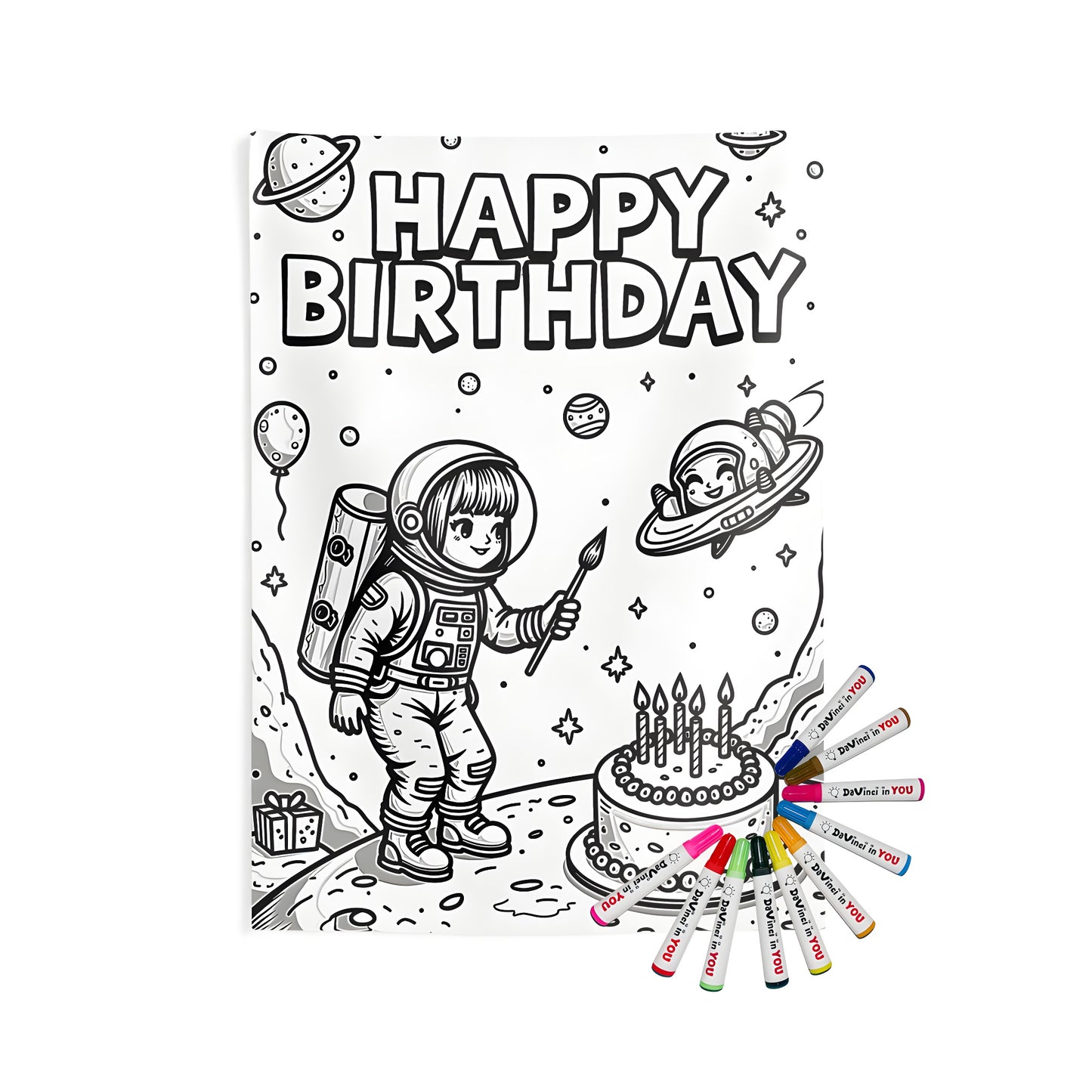 Astronaut birthday celebration themed indoor wall tapestries with fabric markers