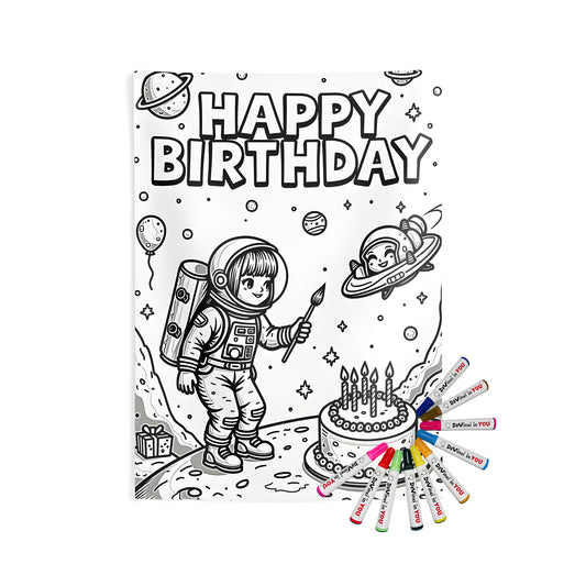 Astronaut birthday celebration themed indoor wall tapestries with fabric markers