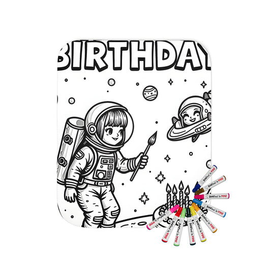 A colorful blanket featuring an astronaut child holding a brush, a space-themed cake with candles, and space decorations, perfect for kids' birthday celebrations or as a fun gift idea.