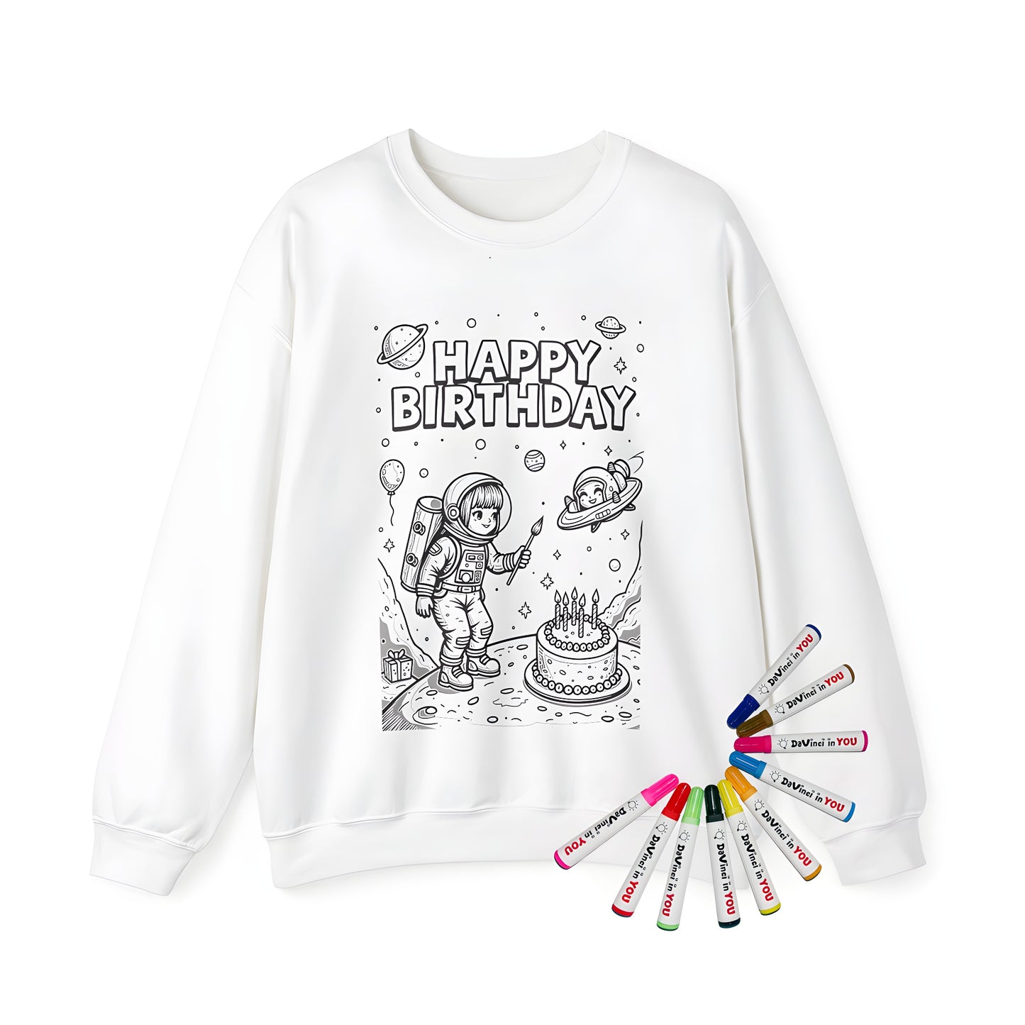 Adult sweatshirt featuring a colorful astronaut birthday celebration design, with an astronaut child holding a brush, space-themed cake and decorations