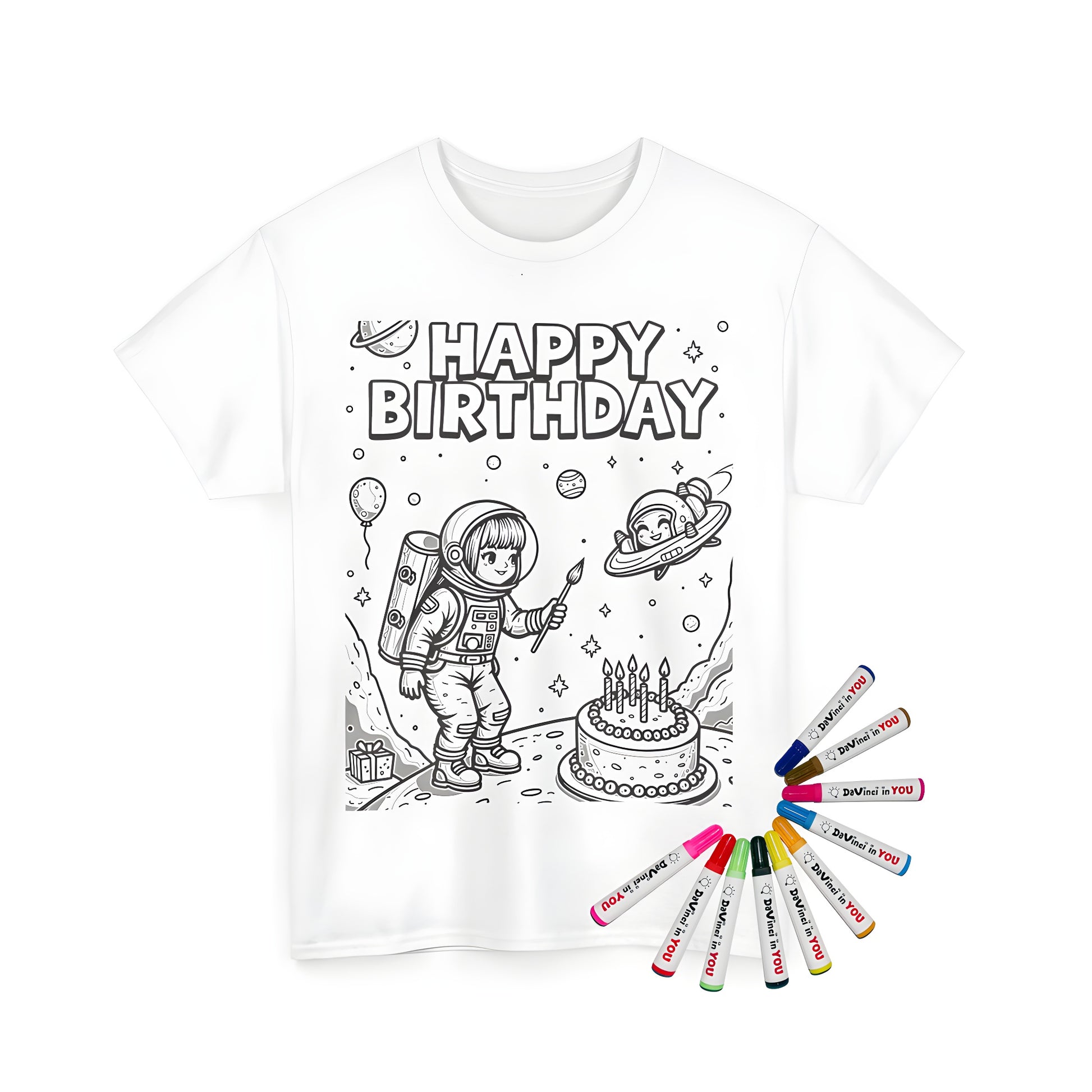 Coloring kit for unisex t-shirts featuring astronaut birthday celebration design