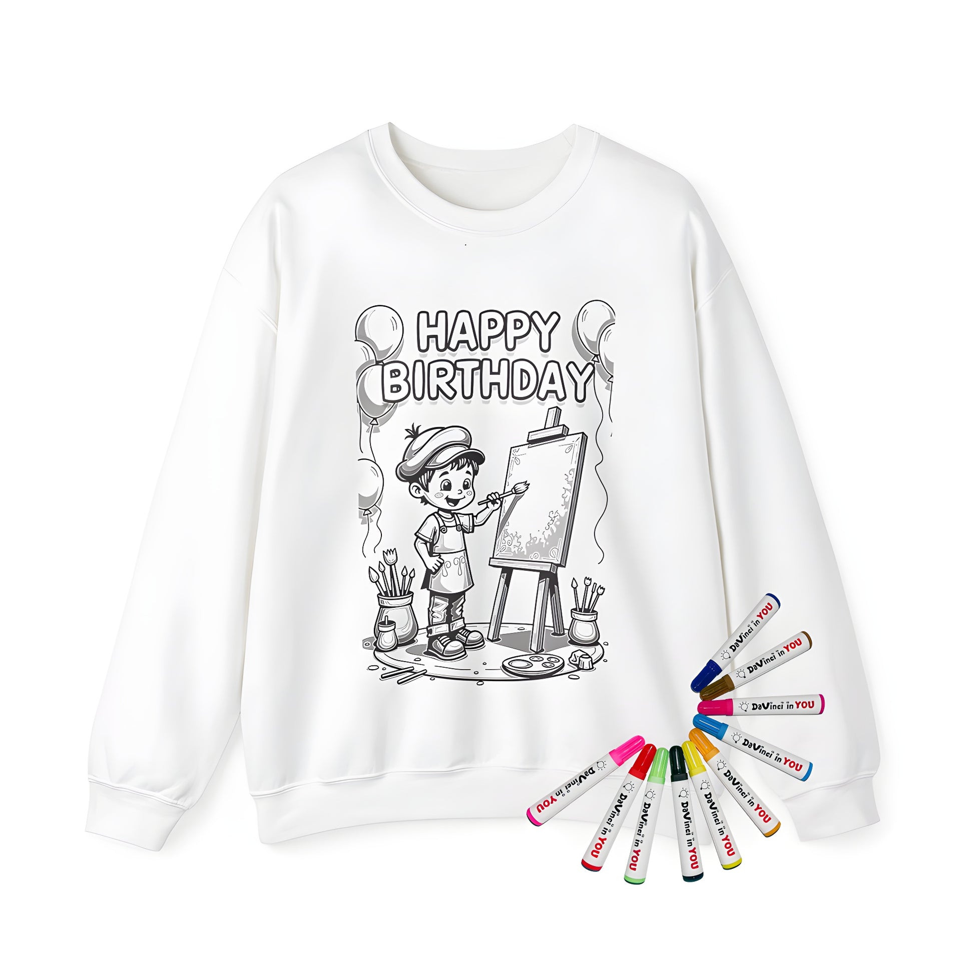 Adult coloring sweatshirt with birthday party art and colorful markers