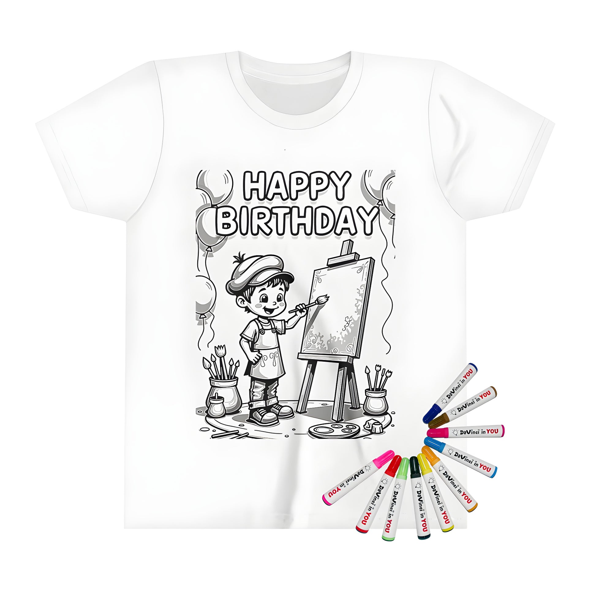 Kid's coloring shirt with birthday party art, featuring boy painting easel scene