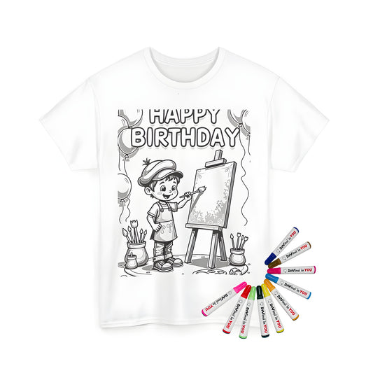 Unisex T-Shirt with colorful painting birthday party design featuring a boy on an easel surrounded by balloons and art supplies