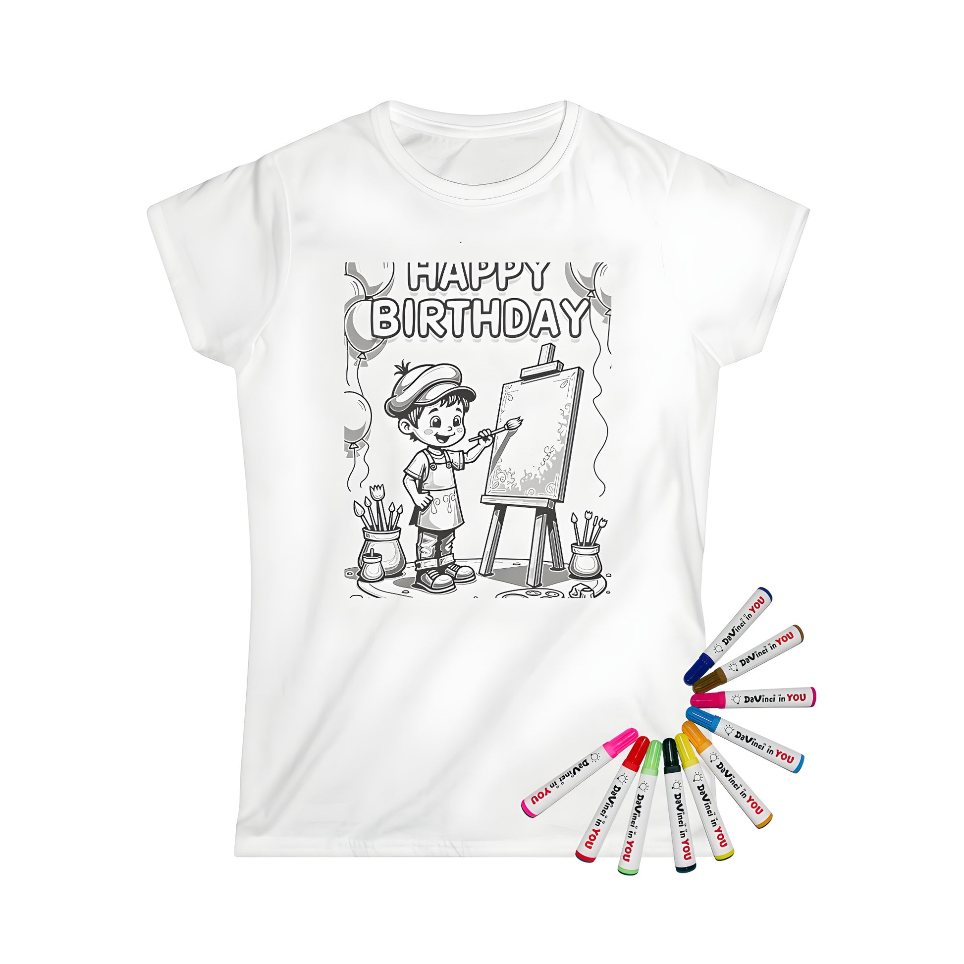 Coloring party for kids t-shirt with art supplies and balloons