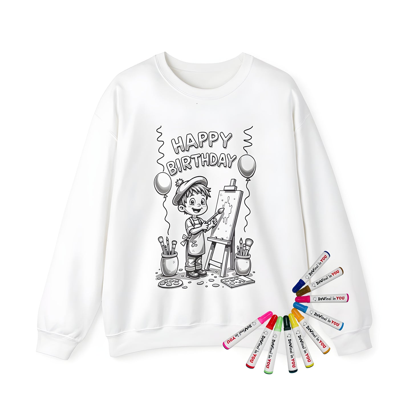 Adult coloring book sweatshirt with birthday party painter theme, perfect for adults who love art and fun