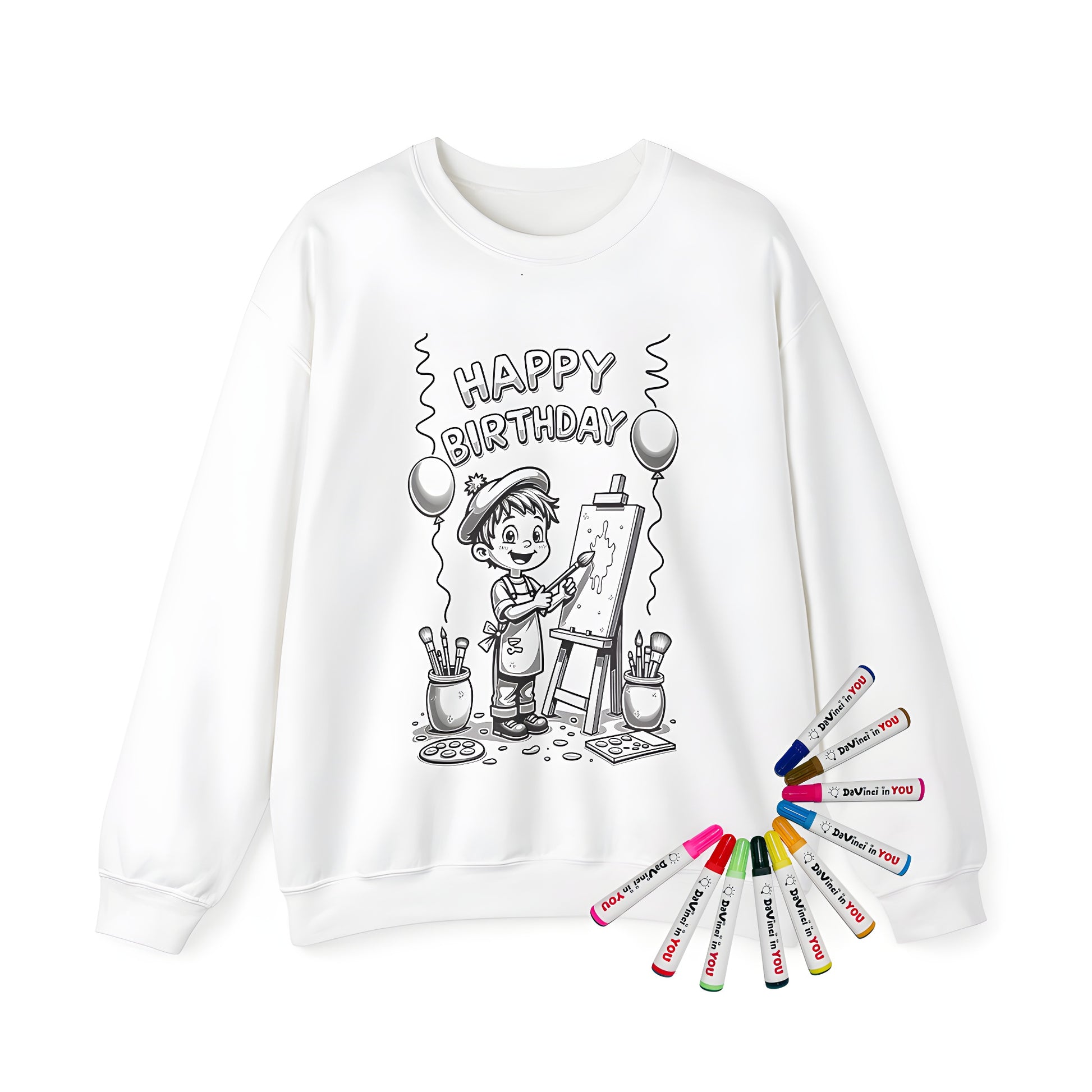 Adult coloring book sweatshirt with birthday party painter theme, perfect for adults who love art and fun