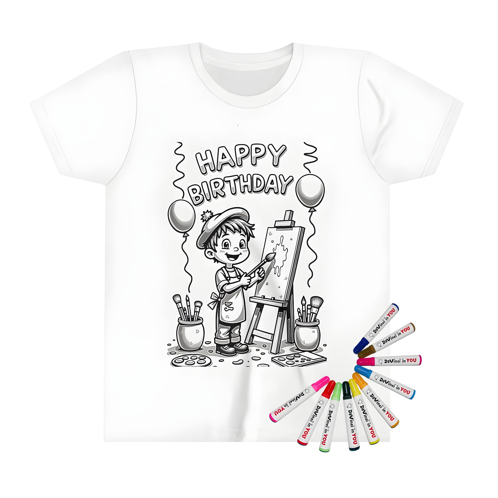 A colorful kid's t-shirt featuring a child painter at a birthday party, surrounded by art supplies and balloons