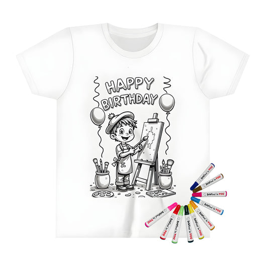 A colorful kid's t-shirt featuring a child painter at a birthday party, surrounded by art supplies and balloons