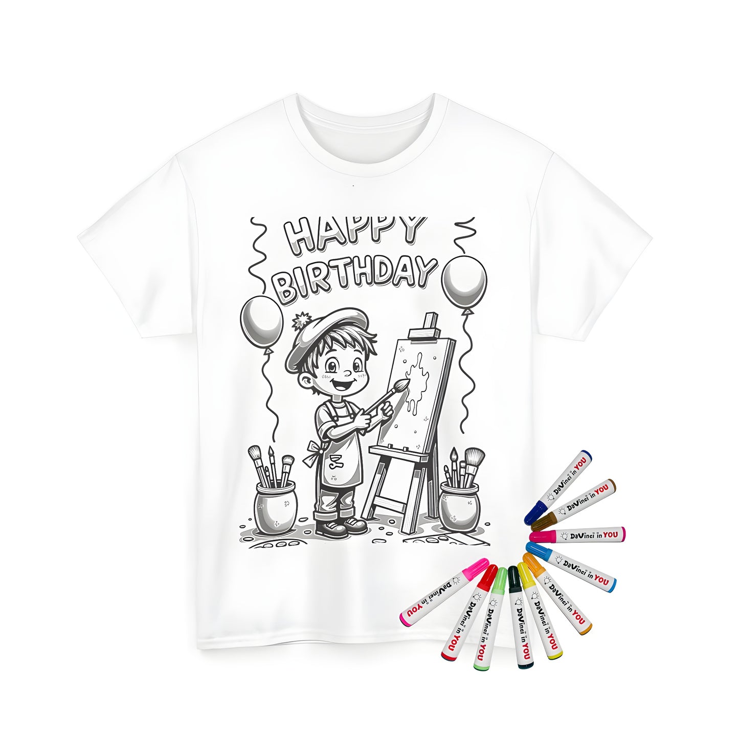 Unisex birthday party painting t-shirt with 10 fabric markers for a fun and creative coloring kit