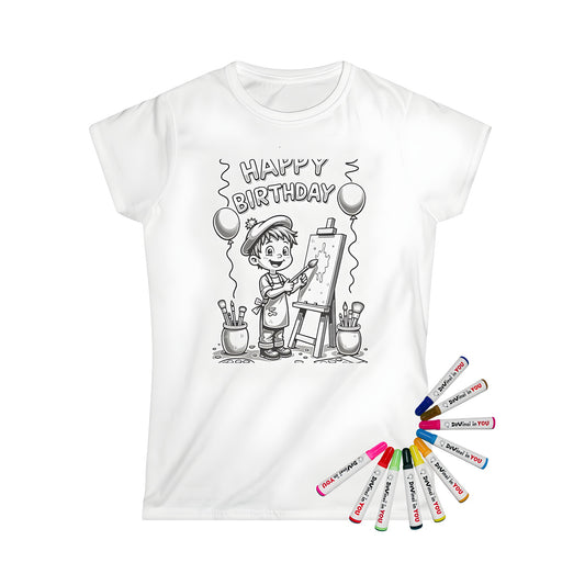 Women's birthday party artist t-shirt with colorful markers and painting supplies