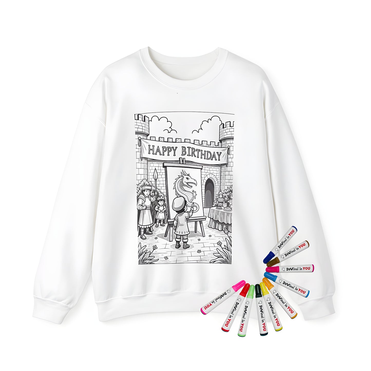 Adult sweatshirt featuring colorful medieval birthday party design with happy birthday banner, people in costumes, and child painting dragon